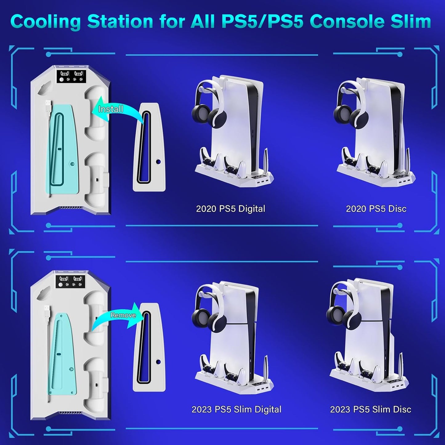 Ps5/Slim/Pro Cooling Station for PS5 Disc & Digital Console, PS5 Stand Cooling Fan Charging Station with 3 Level Fan, LED Controller Charger, Ps5/Slim/Pro Accessories with 3 USB Hubs & Headset Holder
