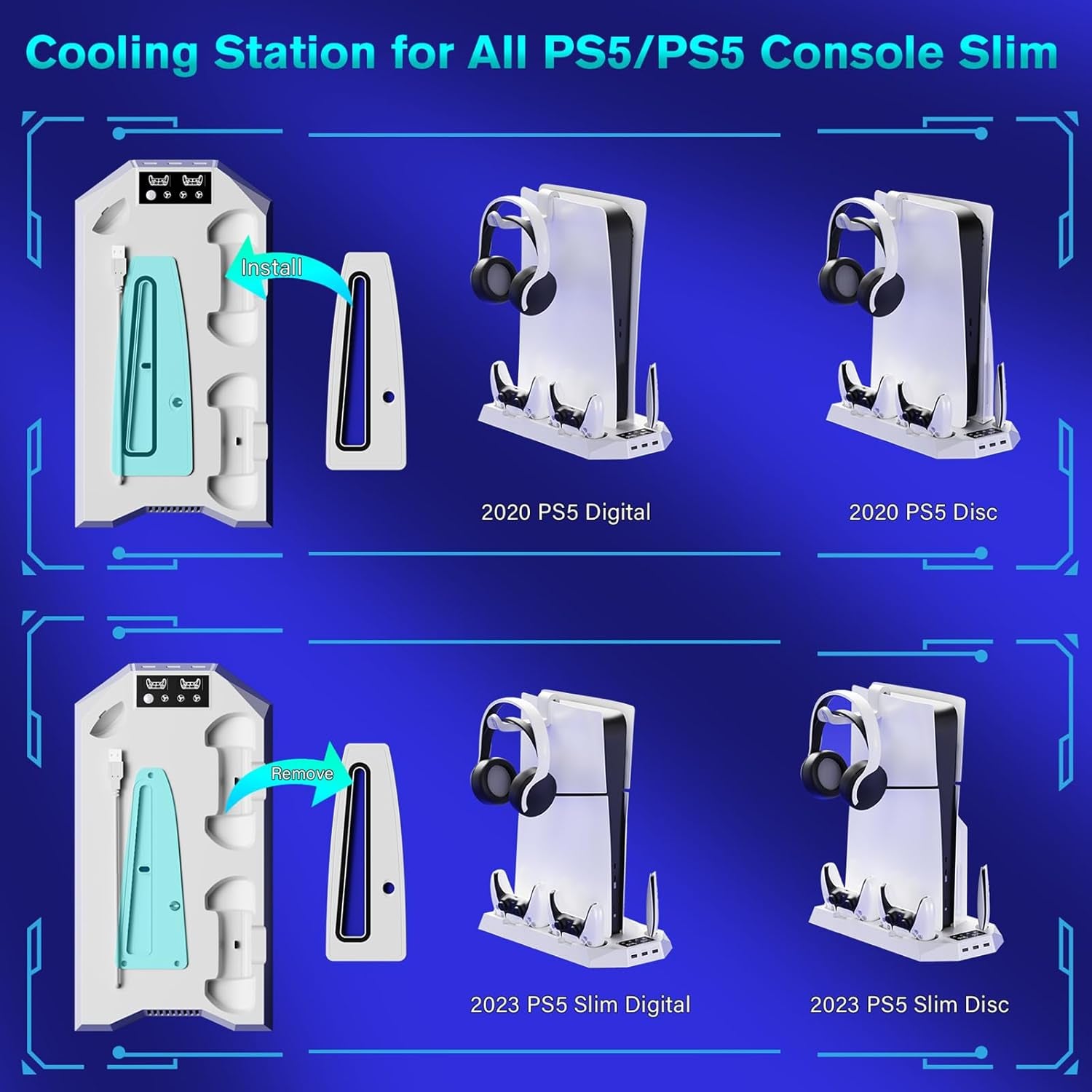 Ps5/Slim/Pro Cooling Station for PS5 Disc & Digital Console, PS5 Stand Cooling Fan Charging Station with 3 Level Fan, LED Controller Charger, Ps5/Slim/Pro Accessories with 3 USB Hubs & Headset Holder