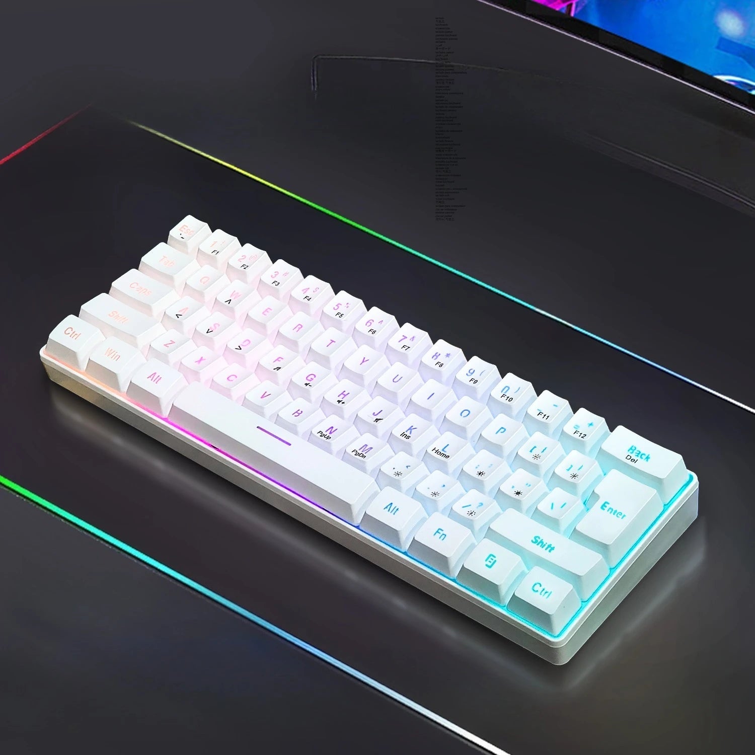 Teclado RGB Gamer 60% Keyboard Ergonomic Mini PC White Computer Keyboard Portable Backlit USB Wired Black Clavier Ordinateur