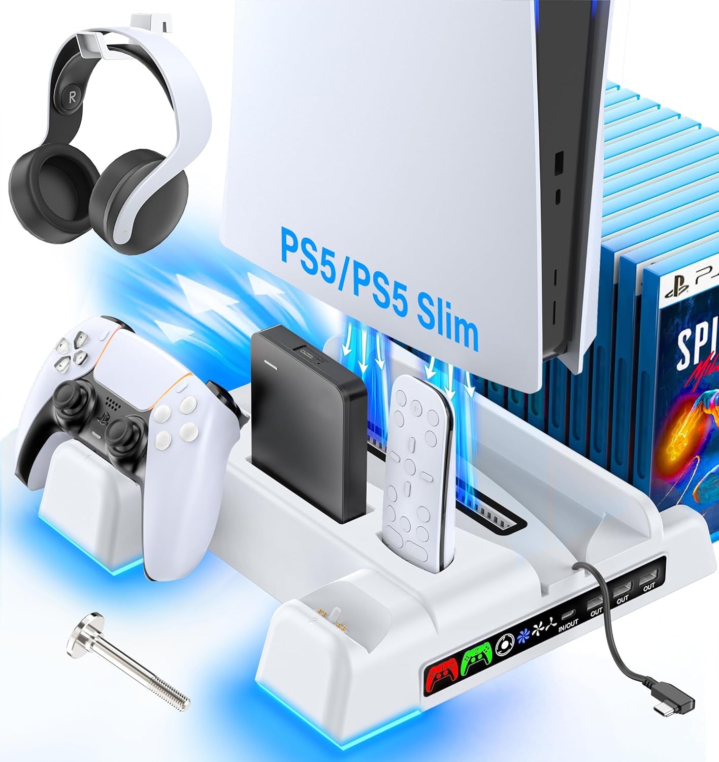 Ps5/Slim Stand and Cooling Station with LED Controller Charging Station for PS 5 Console, Controller Charger, Cooling Stand, Ps5/Slim Accessories Kit with 3 Level Cooler Fan, Sega Genesis Consoles