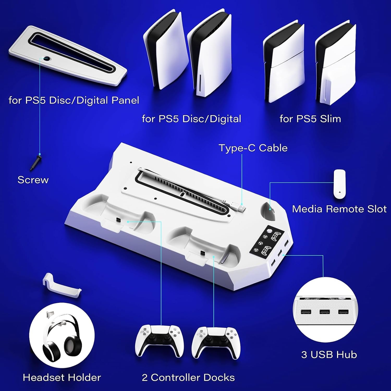 Ps5/Slim/Pro Cooling Station for PS5 Disc & Digital Console, PS5 Stand Cooling Fan Charging Station with 3 Level Fan, LED Controller Charger, Ps5/Slim/Pro Accessories with 3 USB Hubs & Headset Holder