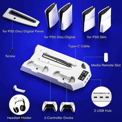 Ps5/Slim/Pro Cooling Station for PS5 Disc & Digital Console, PS5 Stand Cooling Fan Charging Station with 3 Level Fan, LED Controller Charger, Ps5/Slim/Pro Accessories with 3 USB Hubs & Headset Holder