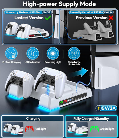 Ps5/Slim Stand and Cooling Station with LED Controller Charging Station for PS 5 Console, Controller Charger, Cooling Stand, Ps5/Slim Accessories Kit with 3 Level Cooler Fan, Sega Genesis Consoles