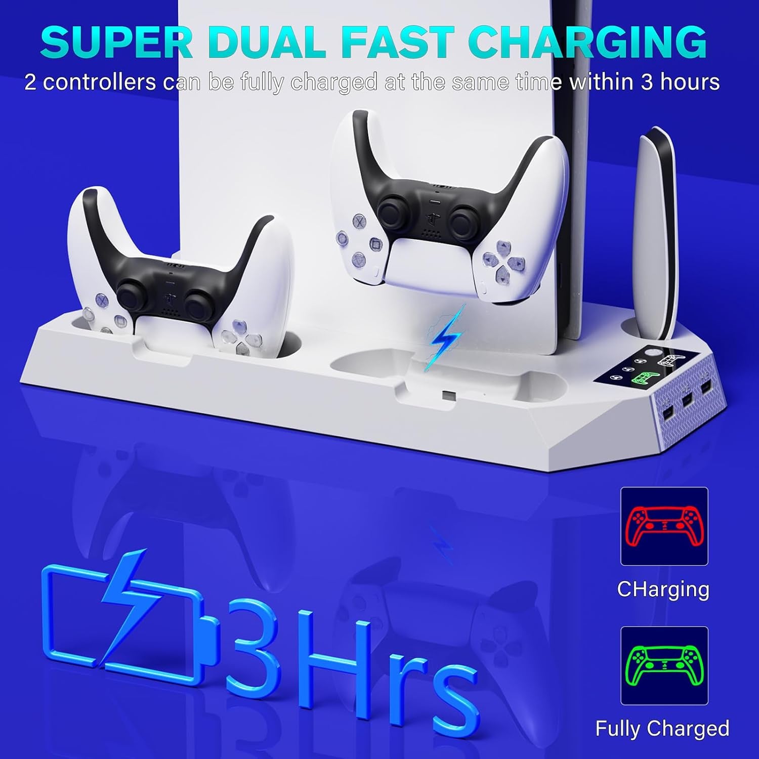 Ps5/Slim/Pro Cooling Station for PS5 Disc & Digital Console, PS5 Stand Cooling Fan Charging Station with 3 Level Fan, LED Controller Charger, Ps5/Slim/Pro Accessories with 3 USB Hubs & Headset Holder