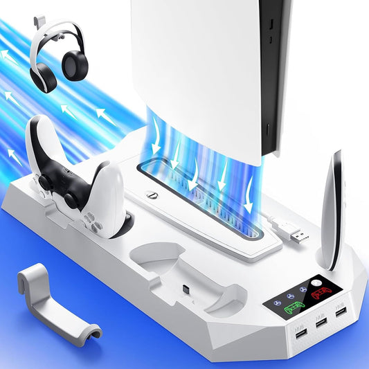 Ps5/Slim/Pro Cooling Station for PS5 Disc & Digital Console, PS5 Stand Cooling Fan Charging Station with 3 Level Fan, LED Controller Charger, Ps5/Slim/Pro Accessories with 3 USB Hubs & Headset Holder