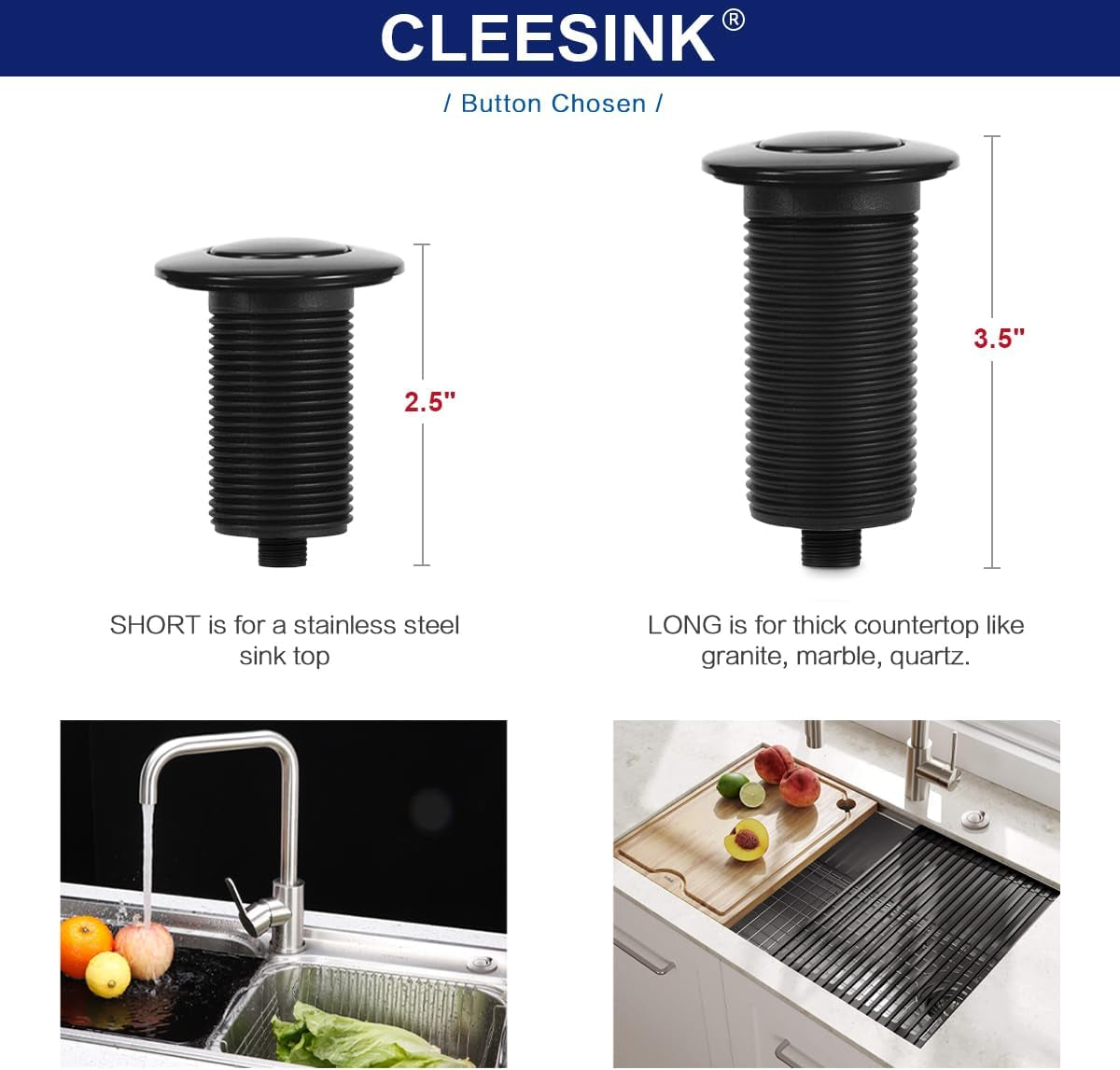 Garbage Disposal Switch, Cordless Air on off Kit for Food Waste Disposer, Black, SHORT 2.5" Sink Top Push Button by