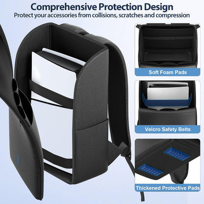 Backpack for PS5/ Slim/ Pro Console, Fully Zip-Open PS5 Carrying Case Travel Bag, Large Capacity PS 5 Storage Bag for Dual Controllers,Ps Portal, Laptop, Game Cards, Backpack with 3 Cable Pouch,Black
