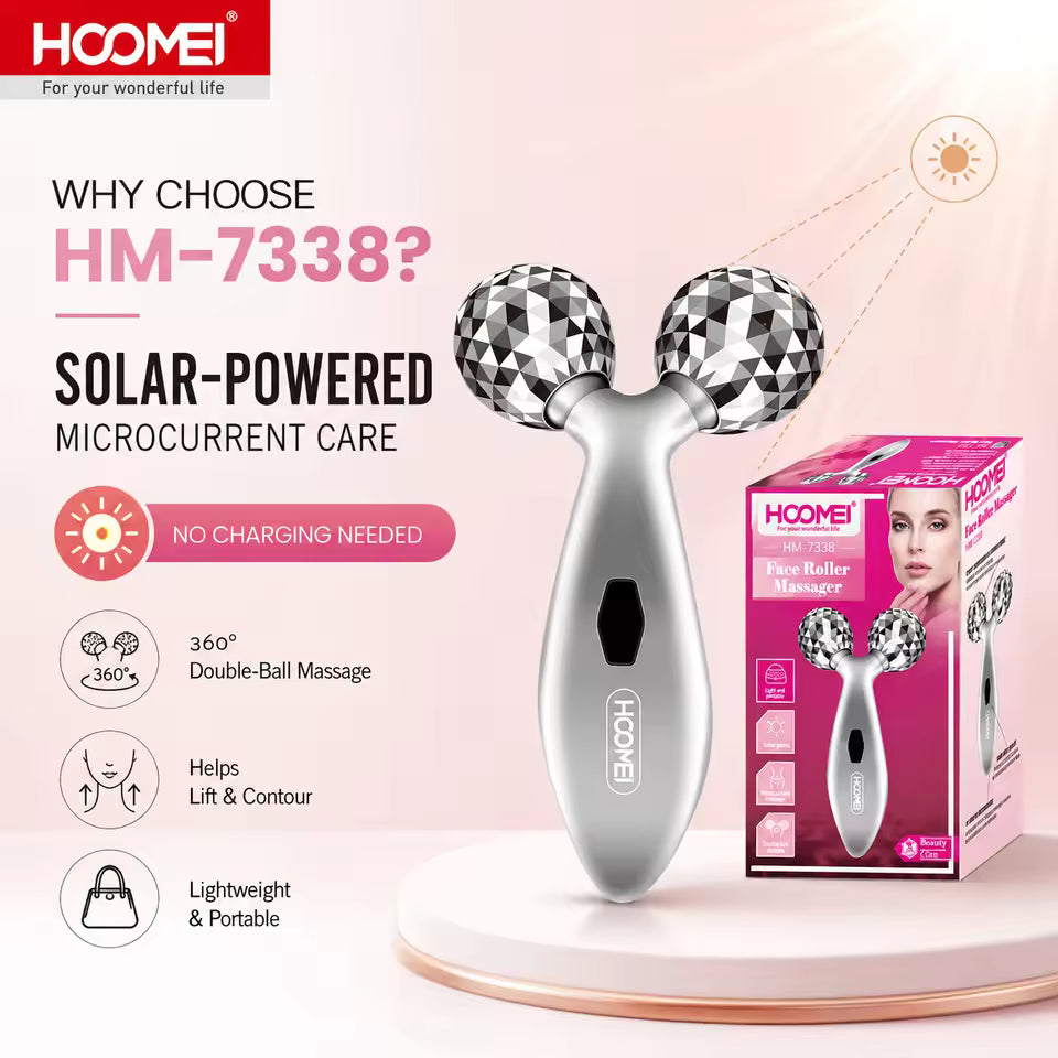 | Masseur Facial Solaire 3D HOOMEI HM-7338 – Microcourant & Double Rouleau 360°