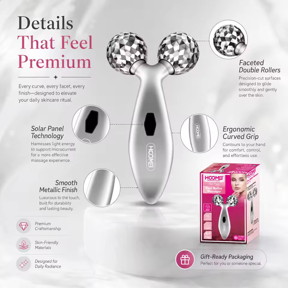 | Masseur Facial Solaire 3D HOOMEI HM-7338 – Microcourant & Double Rouleau 360°