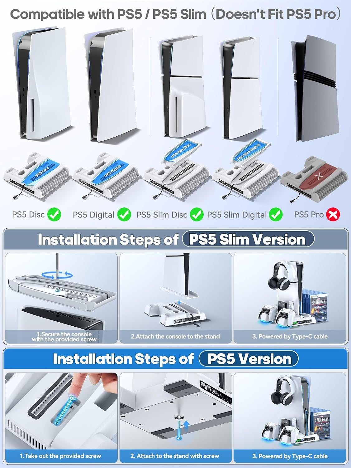 Ps5/Slim Stand and Cooling Station with LED Controller Charging Station for PS 5 Console, Controller Charger, Cooling Stand, Ps5/Slim Accessories Kit with 3 Level Cooler Fan, Sega Genesis Consoles