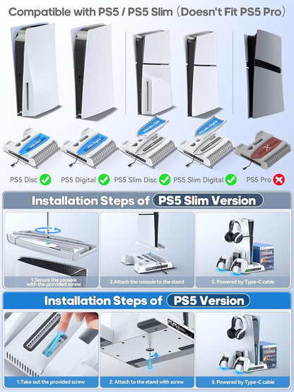 Ps5/Slim Stand and Cooling Station with LED Controller Charging Station for PS 5 Console, Controller Charger, Cooling Stand, Ps5/Slim Accessories Kit with 3 Level Cooler Fan, Sega Genesis Consoles