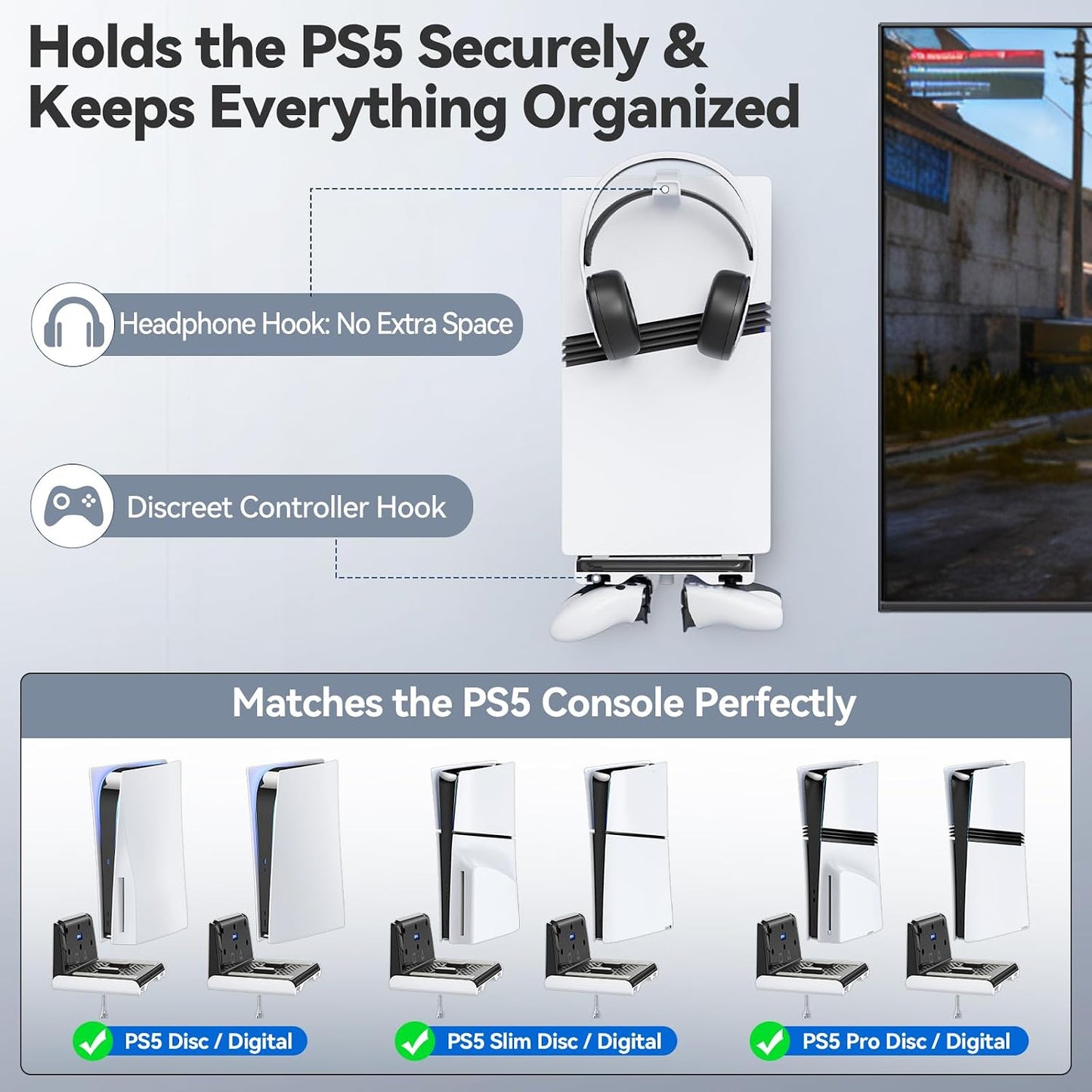 P5 Wall Mount Kit with Controller Holder Compatible with P5/Slim/Pro Disc & Digital, Pa5 Mount Floating for Gaming Accessories, Compact Pa5 Vertical Wall Shelf Organizer Bracket with Headphone Hook