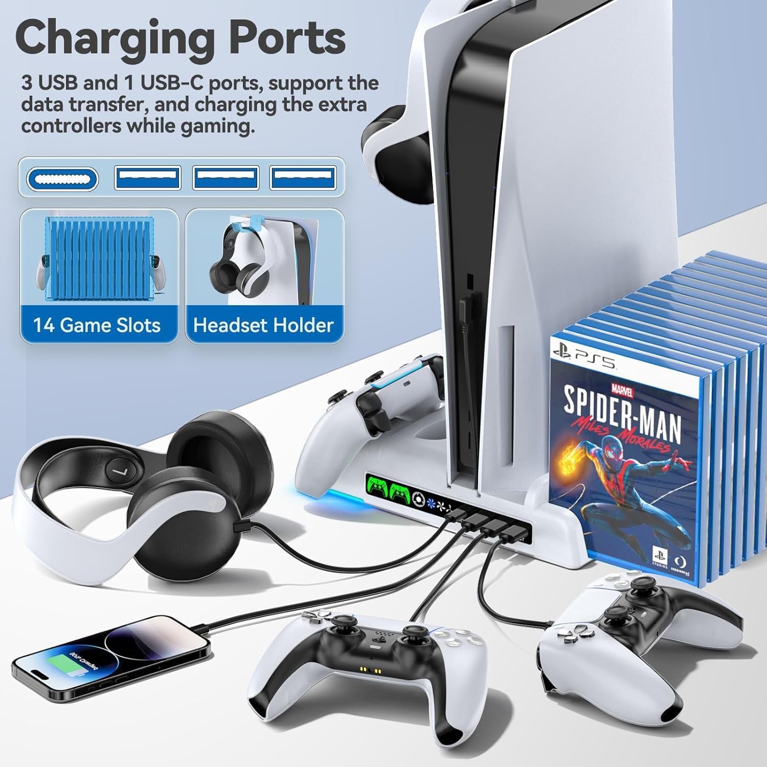Ps5/Slim Stand and Cooling Station with LED Controller Charging Station for PS 5 Console, Controller Charger, Cooling Stand, Ps5/Slim Accessories Kit with 3 Level Cooler Fan, Sega Genesis Consoles