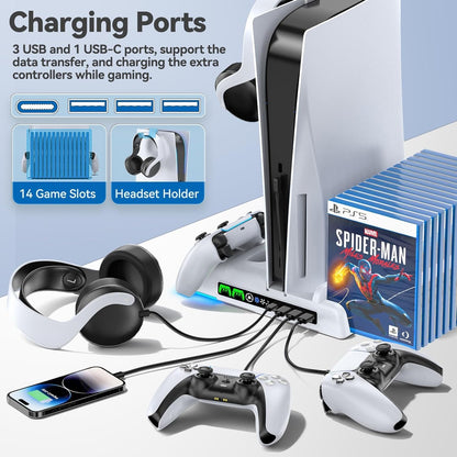 Ps5/Slim Stand and Cooling Station with LED Controller Charging Station for PS 5 Console, Controller Charger, Cooling Stand, Ps5/Slim Accessories Kit with 3 Level Cooler Fan, Sega Genesis Consoles