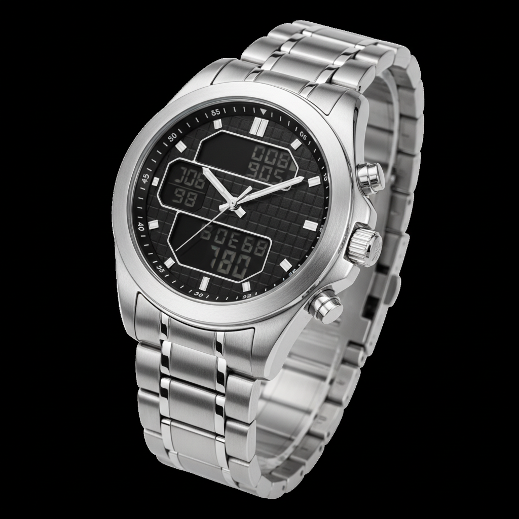 Montre quartz double affichage homme sur fond blanc